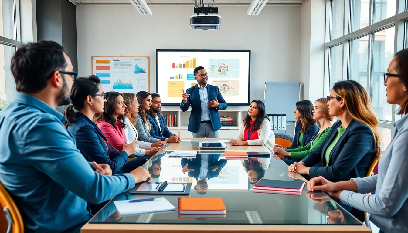 diverse teachers collaborating in a modern classroom setting.