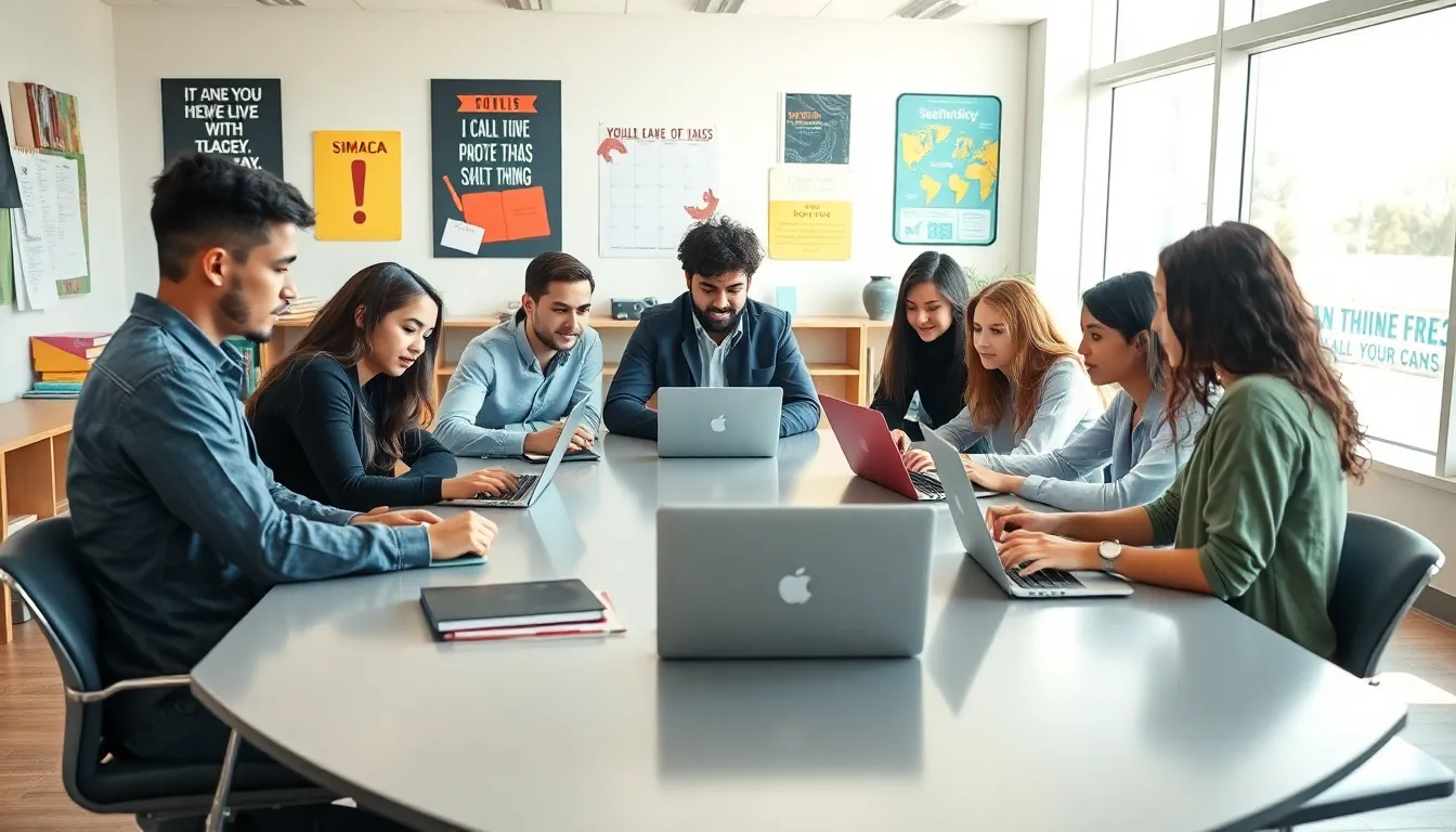 diverse students collaborating in a modern study environment.