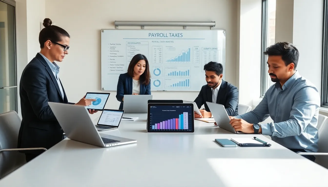 diverse financial team analyzing payroll tax trends in a modern office.