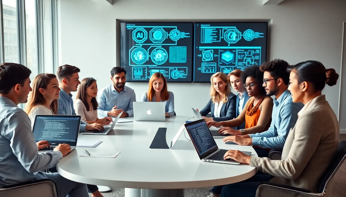 diverse team of AI developers collaborating in a modern office.