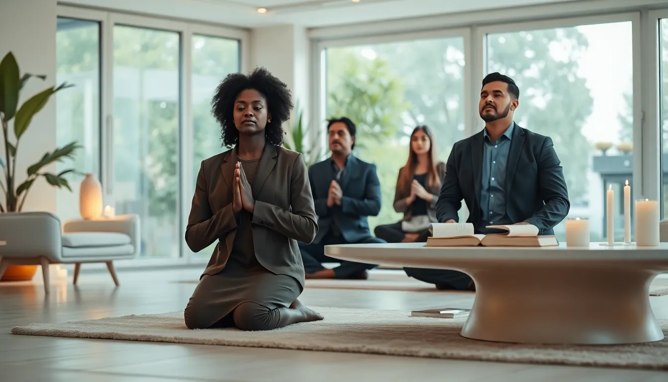 professionals engaging in prayer in a serene, modern meditation space.