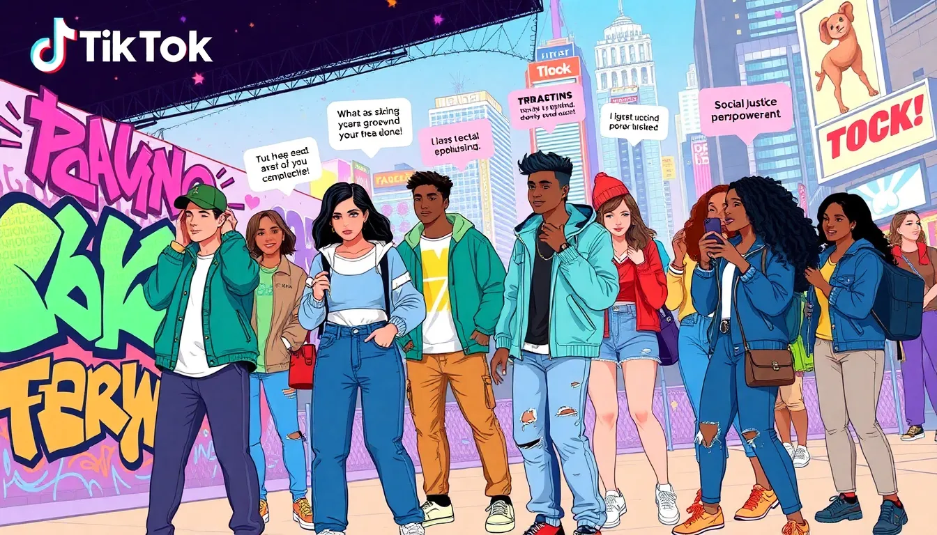 young adults creating TikTok videos in a colorful urban setting.