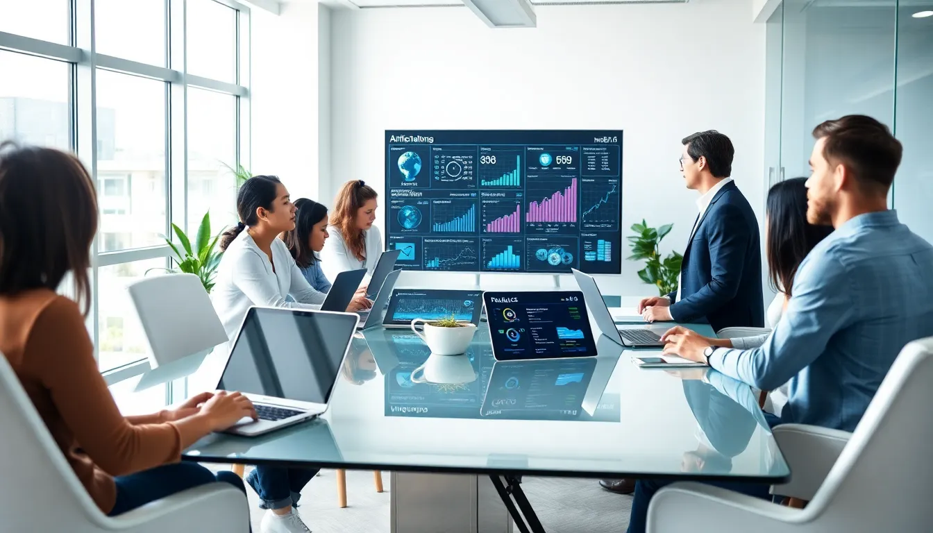 diverse team discussing AI solutions in a modern office.