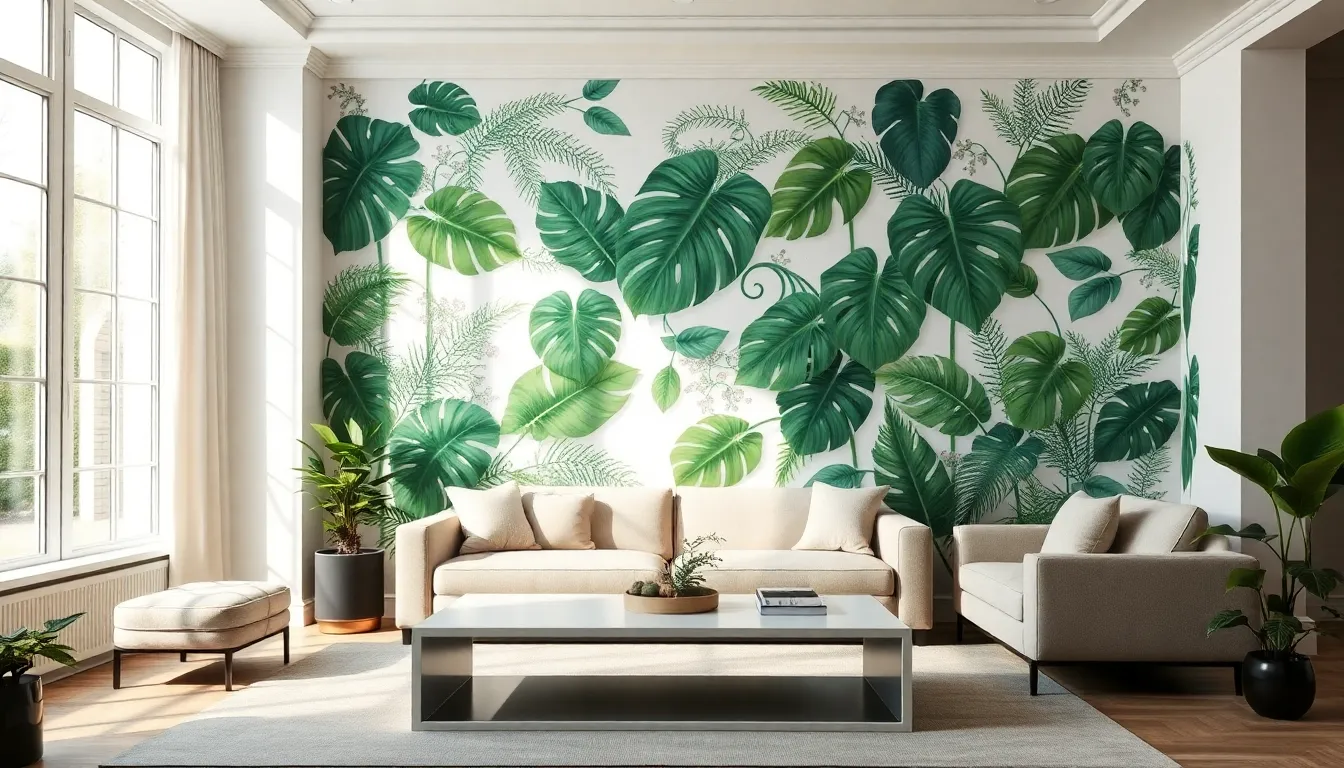 a modern living room with tropical botanical wallpaper design.