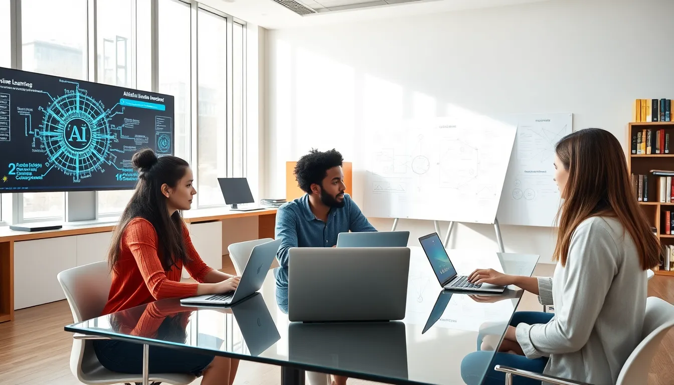 diverse students discussing artificial intelligence in a modern classroom.