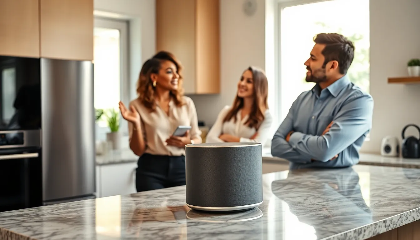 diverse team discussing with a modern AI speaker in a stylish kitchen.