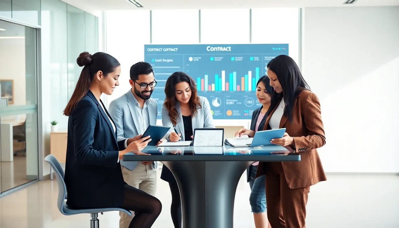 diverse team collaborating on contract management in a modern office.
