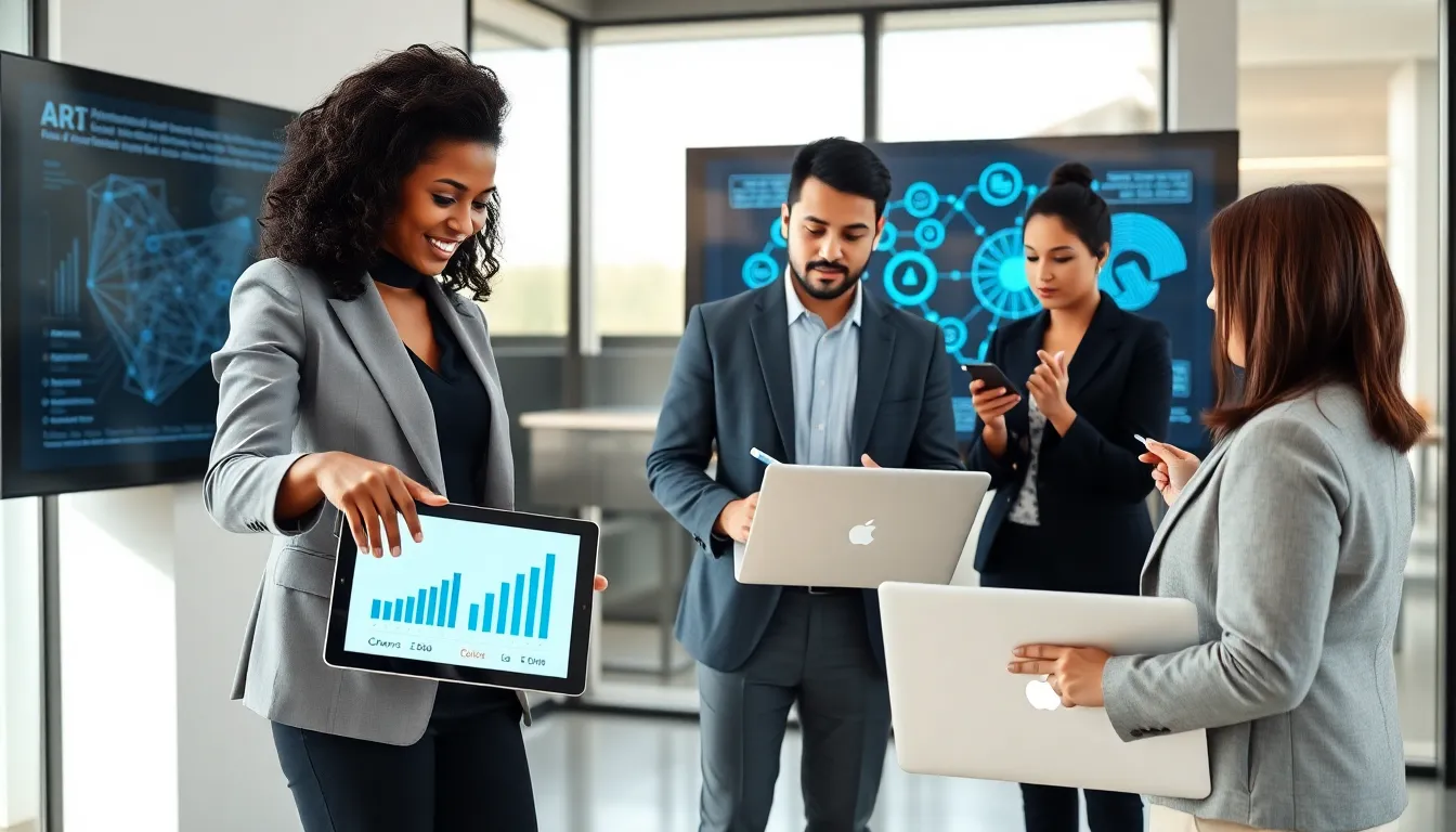 diverse team discussing artificial intelligence in a modern office