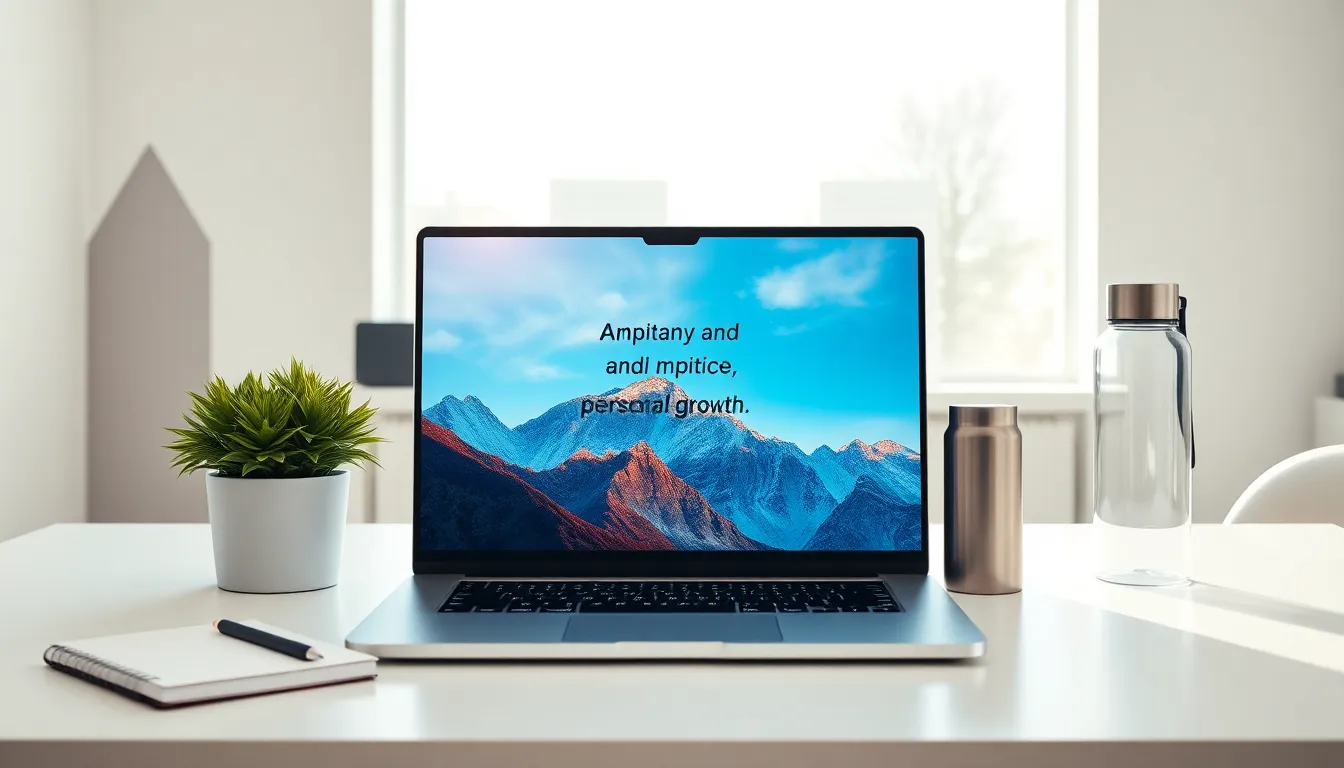 motivational wallpaper displayed on a modern laptop in a bright office.