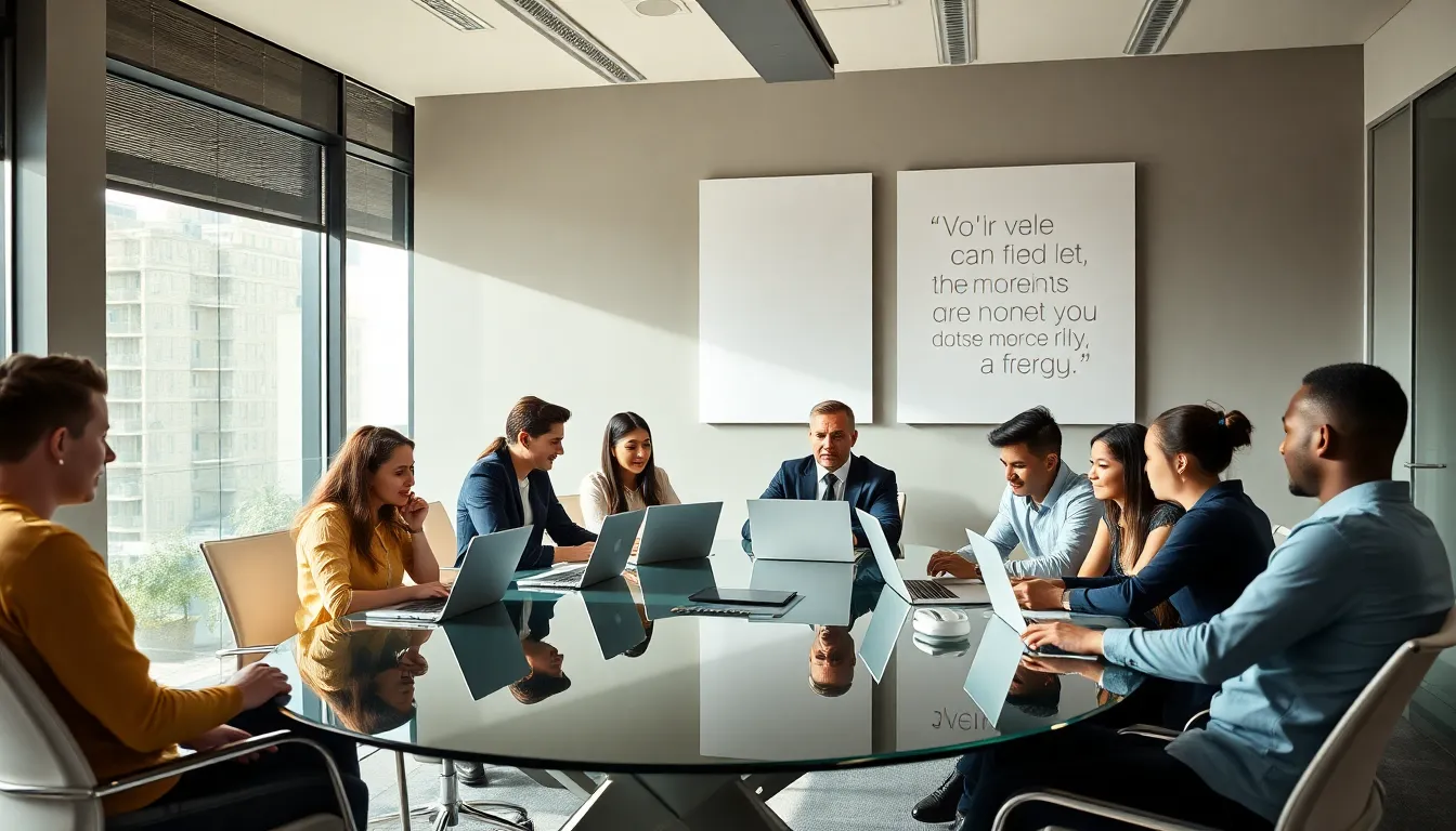 diverse team brainstorming with motivational quote in a modern office.