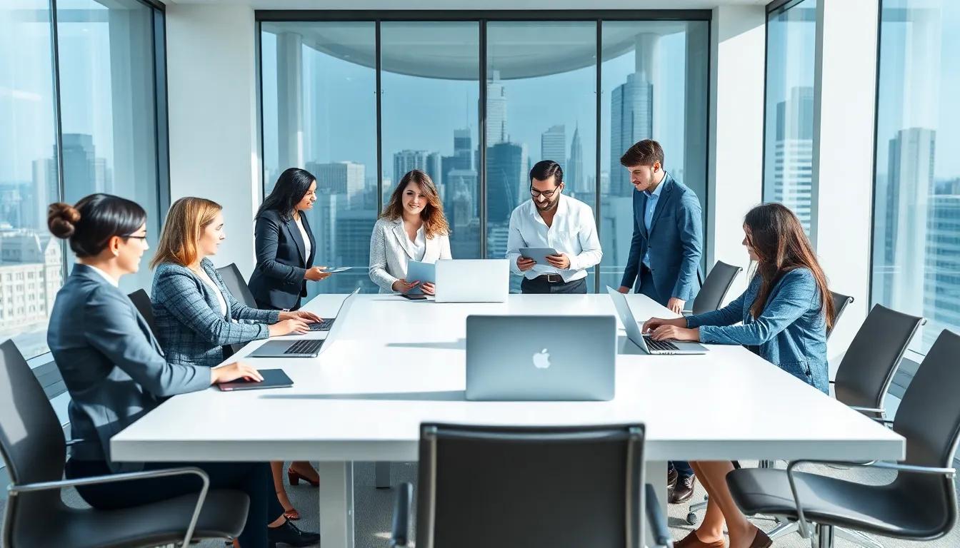 diverse team brainstorming in a modern office.